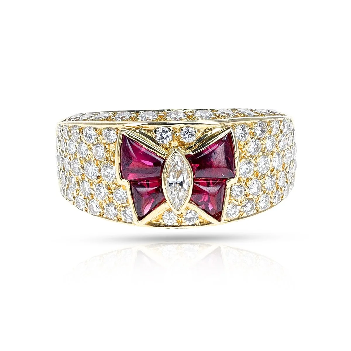 VAN CLEEF ARPELS RUBY BOW RING WITH CENTER MARQUISE AND ROUND DIAMONDS RAF Rare Antique Fine Jewels Jewels for Generations